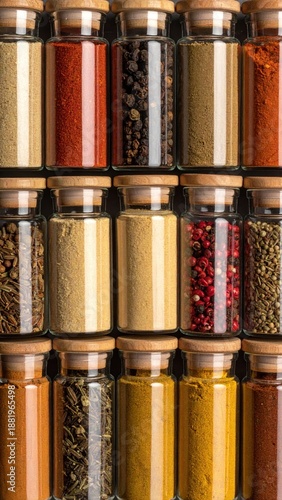 Assortment of Various Spices and Seasonings in Small Glass Jars Lined Up in a Grid Pattern with Cork Stoppers