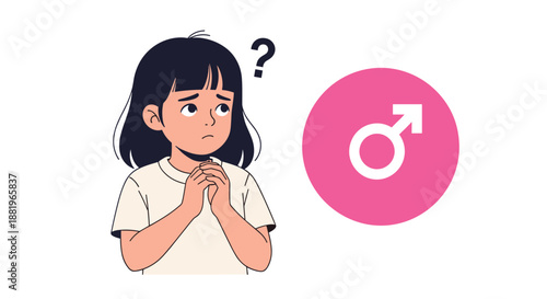 Young girl looks worried and questioning as she stands next to a large pink male gender symbol in this conceptual illustration.