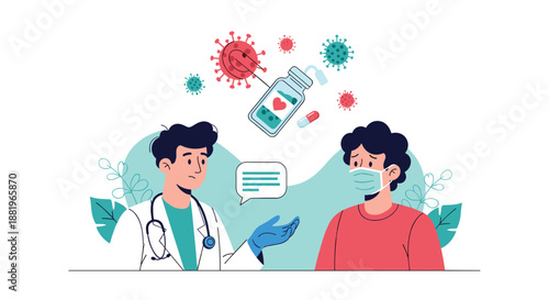 Medical doctor in a face mask explains vaccination and virus prevention to a patient during a healthcare consultation session.