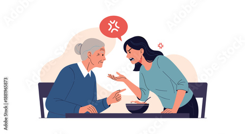 Heated argument takes place between an elderly woman and a younger woman sitting at a dining table with an anger icon shown above.