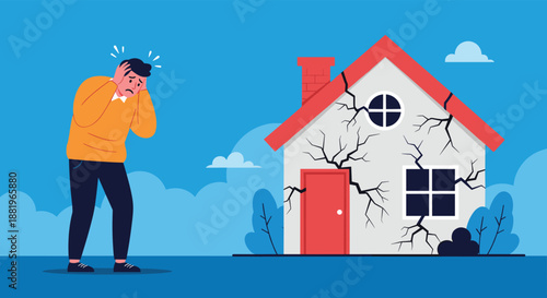 Distressed man holds his head in despair while standing next to a house with severe cracks in the walls due to structural damage.