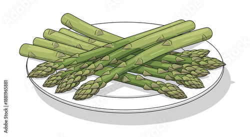 Fresh green asparagus stalks are neatly arranged on a white ceramic plate in this healthy food and nutrition illustration.