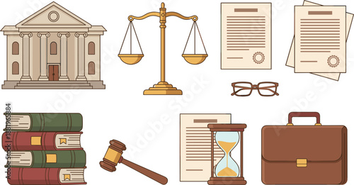 Comprehensive Law and Justice Icon Set Featuring Courthouse, Scales, Legal Documents, Books, Gavel, Hourglass, and Briefcase Illustrations