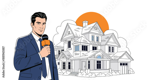 Male journalist with a microphone reports on real estate while standing in front of a large sketch of a luxurious suburban house.