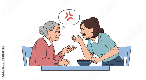 Intense argument between an elderly woman and a younger woman occurs at a table with an anger symbol representing conflict.