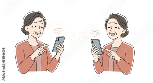 Elderly woman communicates happily through her smartphone with visible signal waves representing digital connectivity and ease of use.