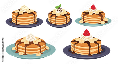 Delicious pancakes stacked on colorful plates with chocolate sauce, whipped cream, banana slices, and fresh strawberries.