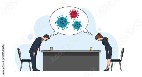 Business man and woman bowing to each other with a thought bubble showing coronavirus particles representing health concerns in the workplace.
