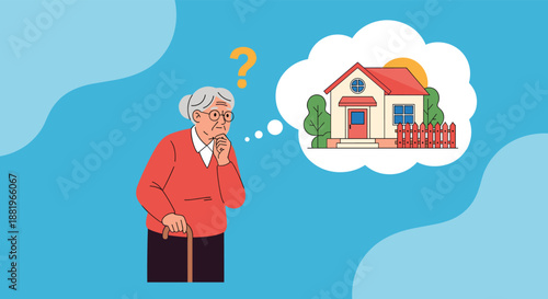 Elderly woman with a cane thinking about her dream home represented in a thought bubble against a soft blue background.