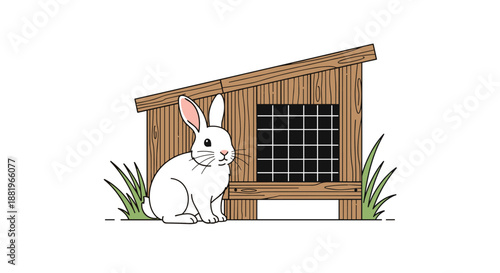Charming white rabbit sitting peacefully in front of a rustic wooden hutch surrounded by green grass blades on a white background.