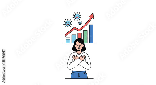 Confident woman standing in front of a rising bar graph with coronavirus icons representing data analysis or pandemic trends.