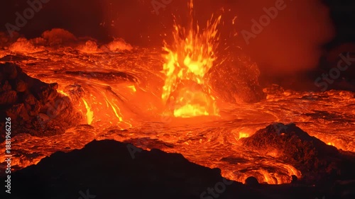 Volcanic Eruption with Flowing Lava at Night.