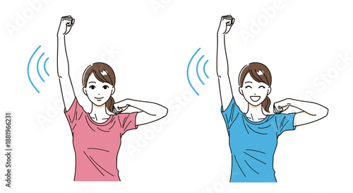 Two young women in pink and blue t-shirts performing arm stretches with visible motion lines representing physical exercise.