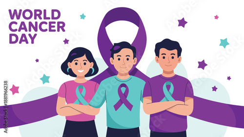 world cancer day awareness illustration with diverse people wearing purple ribbons symbolizing support, unity, hope and global cancer awareness campaign