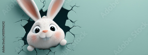 Wallpaper Mural Adorable conejito blanco y rosa de pascua de dibujos animados, saliendo de un agujero roto de una pared verde, feliz mirando a cámara. Torontodigital.ca