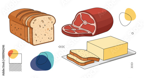 Assortment of basic food staples including a whole loaf of sliced bread, a large piece of meat, and blocks of cheese.