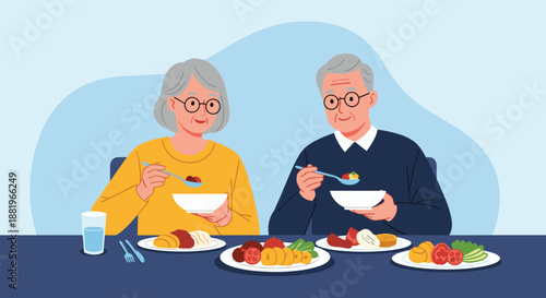 Senior couple enjoying a healthy and balanced meal together at a dining table in a clean and modern flat vector illustration style.