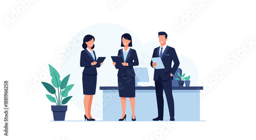 Three professional business people standing together in an office environment holding folders and ready for a meeting.