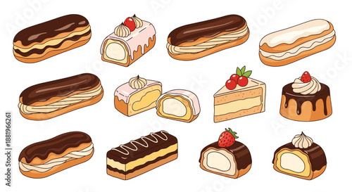 Delicious collection of various eclairs, cream puffs, and slices of cake featuring chocolate, cream, and fruit toppings.