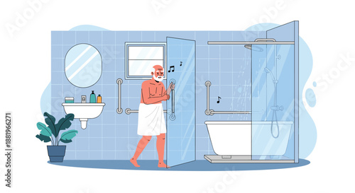 Cheerful elderly man wrapped in a white towel coming out of a modern accessible bathroom while singing happily.