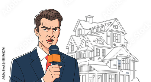 Serious news reporter in a suit speaking into a microphone with a detailed sketch of a large house in the background for real estate news.