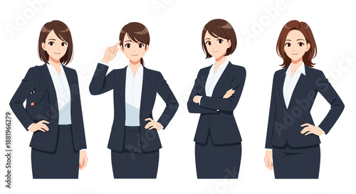 Group of professional businesswomen in dark navy suits demonstrating various confident and thoughtful poses in a modern anime illustration style.