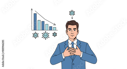 Concerned businessman in a blue suit observing a downward trend on a bar graph caused by economic impact of viruses in a clear illustration.