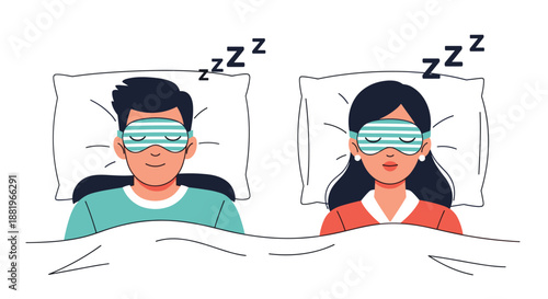 Man and woman enjoying deep and peaceful sleep in bed while wearing striped eye masks in a clean and minimal flat vector illustration style.