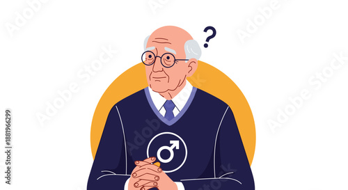 Confused senior man with a male symbol on his navy sweater looking up at a question mark in a thoughtful and pensive flat illustration style.