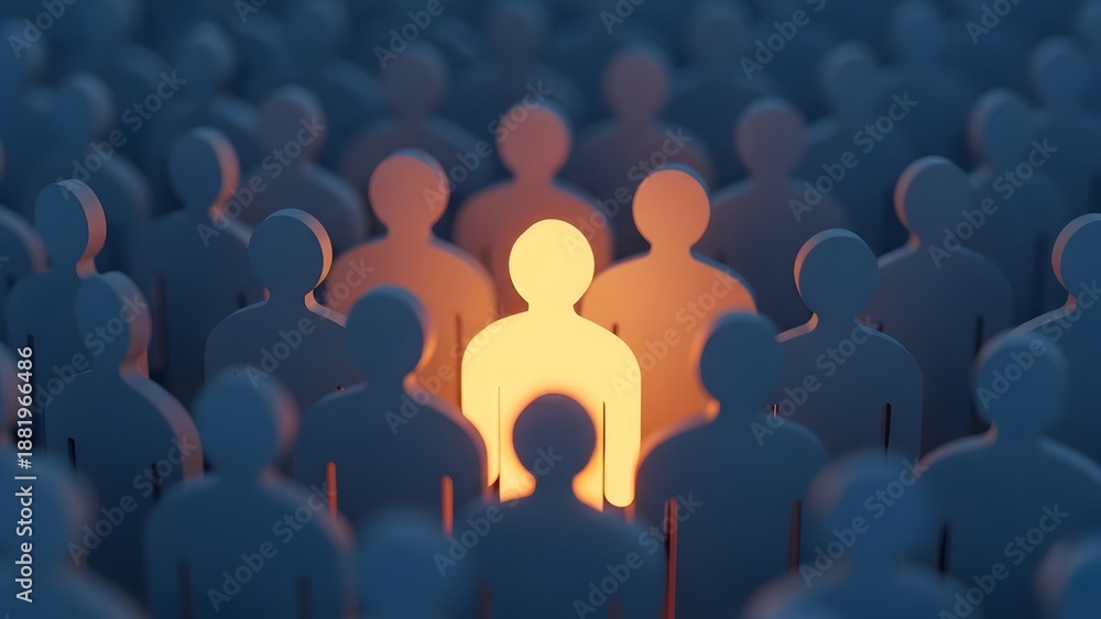 Fototapeta premium Glowing yellow figure standing out from crowd. Leadership and individual uniqueness. Illuminated human silhouette among blue silhouettes in a repetitive group