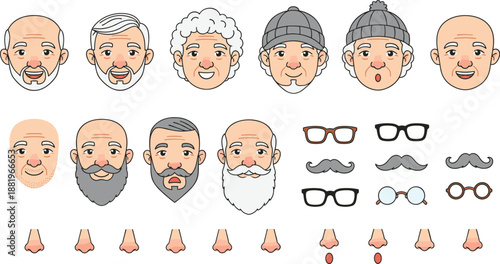 Customizable Male Avatar Illustration Set Featuring Diverse Face Types, Beards, Mustaches, Eyeglasses, Noses, Accessories, and Mix-and-Match Facial Elements