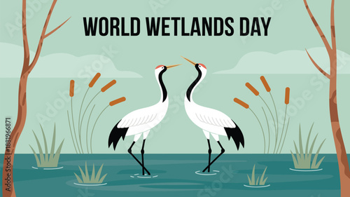 world wetlands day nature illustration with birds in wetland habitat landscape promoting environmental conservation and ecological awareness