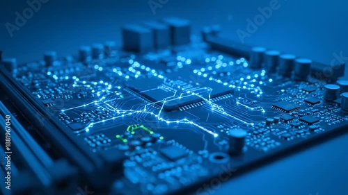 Closeup Circuit Board with Blue LED Lights.
