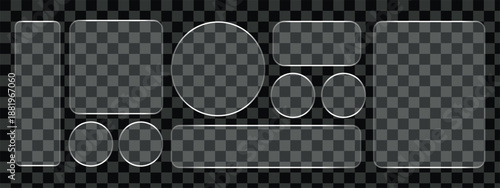 3D Liquid glass smartphone interface isolated. UI UX light frame rounded square and circle elements with a glow stroke. Collection design widget for smartphone and web app