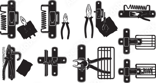 Black and white illustration of various hardware tools set