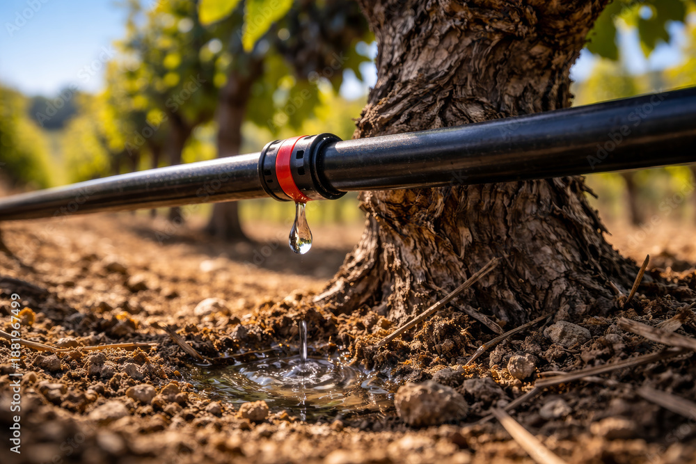 Naklejka premium Drip irrigation system watering a vineyard tree on sunny day