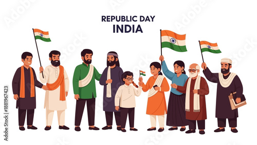 Illustration of diverse people holding Indian flags on Republic Day, a vibrant celebration in India with a patriotic mood.