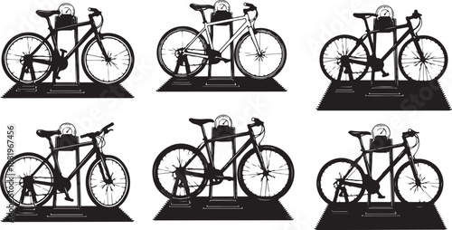 Silhouette of bicycles on display stands in a row