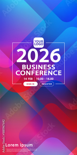 Modern business conference poster template with vertical layout. Ideal for corporate summits, networking seminars, digital event flyers, and social media stories with colorful overlapping shapes.