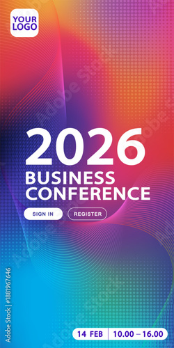 Modern business conference poster template with vertical layout. Ideal for corporate summits, creative seminars, digital event flyers, and social media stories with vibrant gradient background.