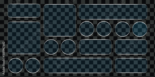Modern transparent frame with 3d glass button shapes for ui design and morphism style. Glossy interface elements highlight smooth button concept and glass morphism aesthetics
