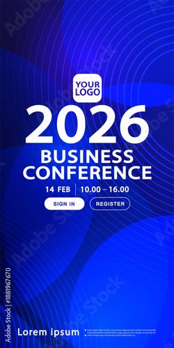 Professional business conference poster template with vertical layout. Ideal for corporate seminars, event flyers, social media stories, and digital invitations with abstract blue background.