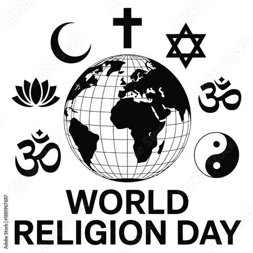 world religion day illustration featuring global map and major religious symbols promoting interfaith harmony diversity peace and unity