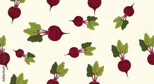 Simple and clean seamless pattern design featuring whole red beetroots with fresh green leaves on a pale yellow background.