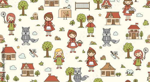 Storybook themed seamless pattern based on little red riding hood with characters, houses, trees, and the big bad wolf.