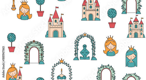 Magical fairytale seamless pattern with cute princesses castles stone arches topiary trees and garden elements for kids nursery decor.