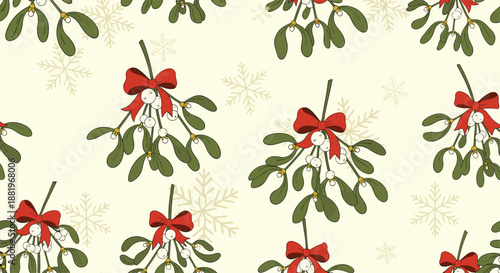 Traditional christmas mistletoe seamless pattern with bunches tied with red bows and light snowflakes on a cream background for holiday decor.
