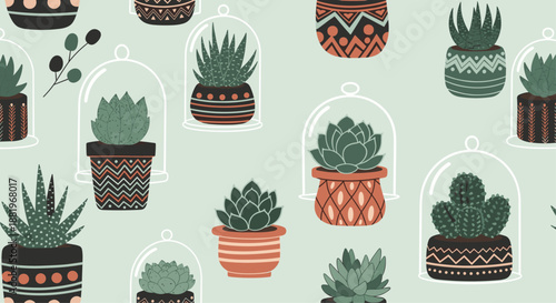 Stylish seamless pattern of various green succulent plants in decorative pots some under glass cloches on a soft green background for decor.