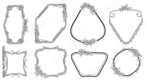 Collection of eight decorative floral frames in black and white line art featuring delicate rose motifs for wedding and stationery design.