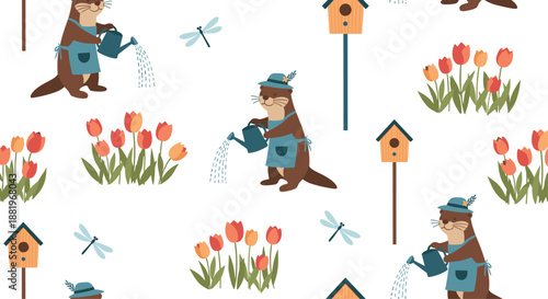 Charming seamless pattern of cute otters gardening wearing hats and aprons watering tulips near birdhouses for spring and nature themes.